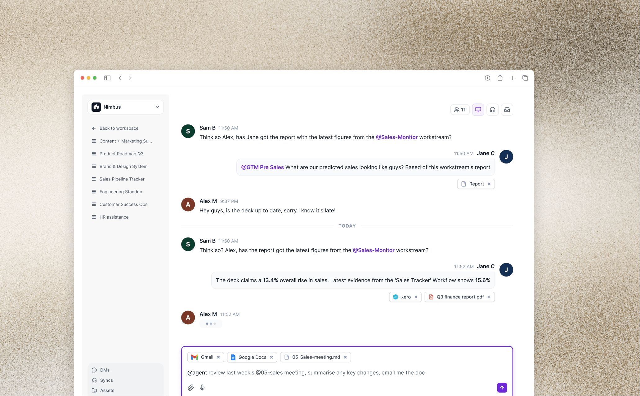 Conflux hub conversation with teammates, mentions, and attachments