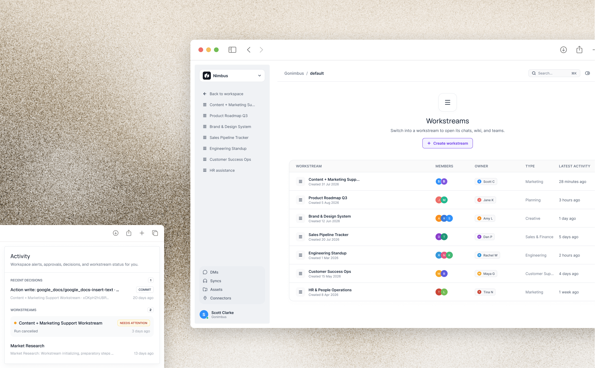 Workstream list and activity flyout from the Conflux hub