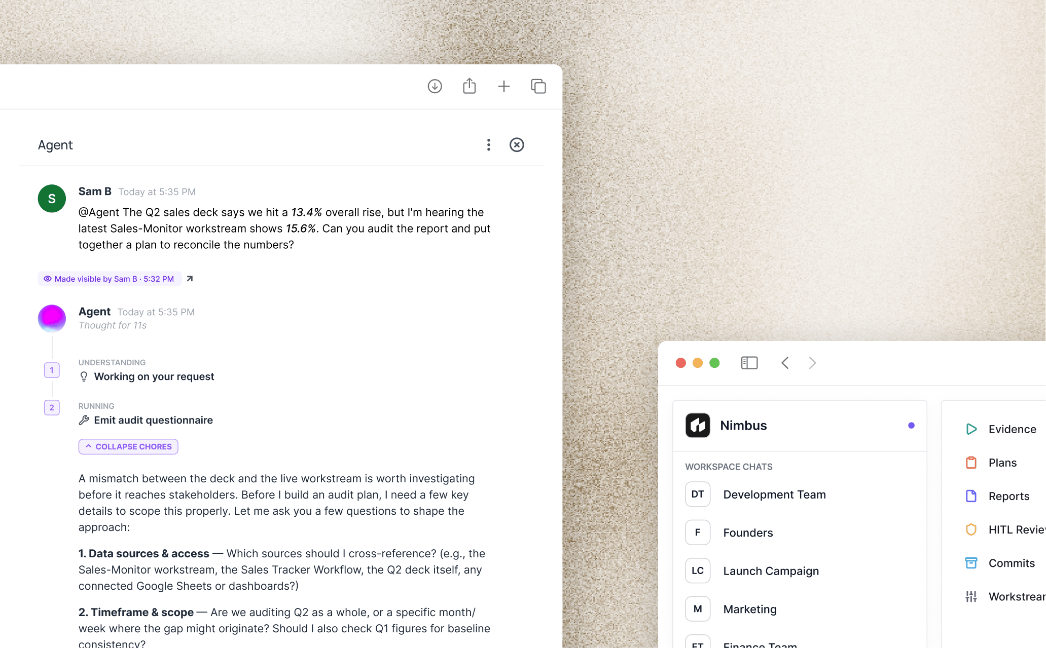 Agent reply in Conflux with thinking steps and a cited audit