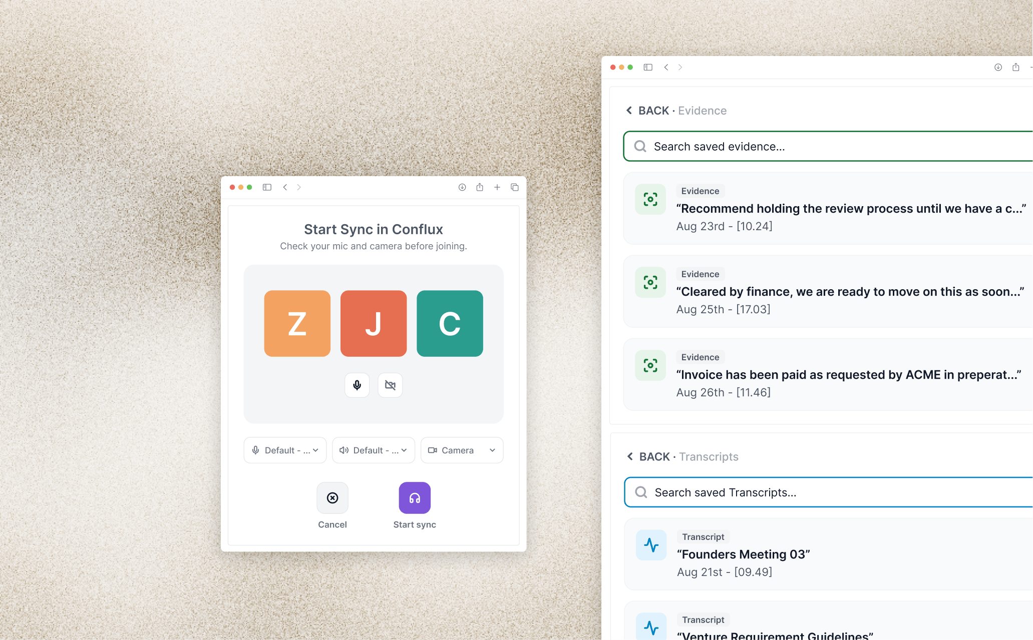 Start a Conflux sync and search saved evidence and transcripts