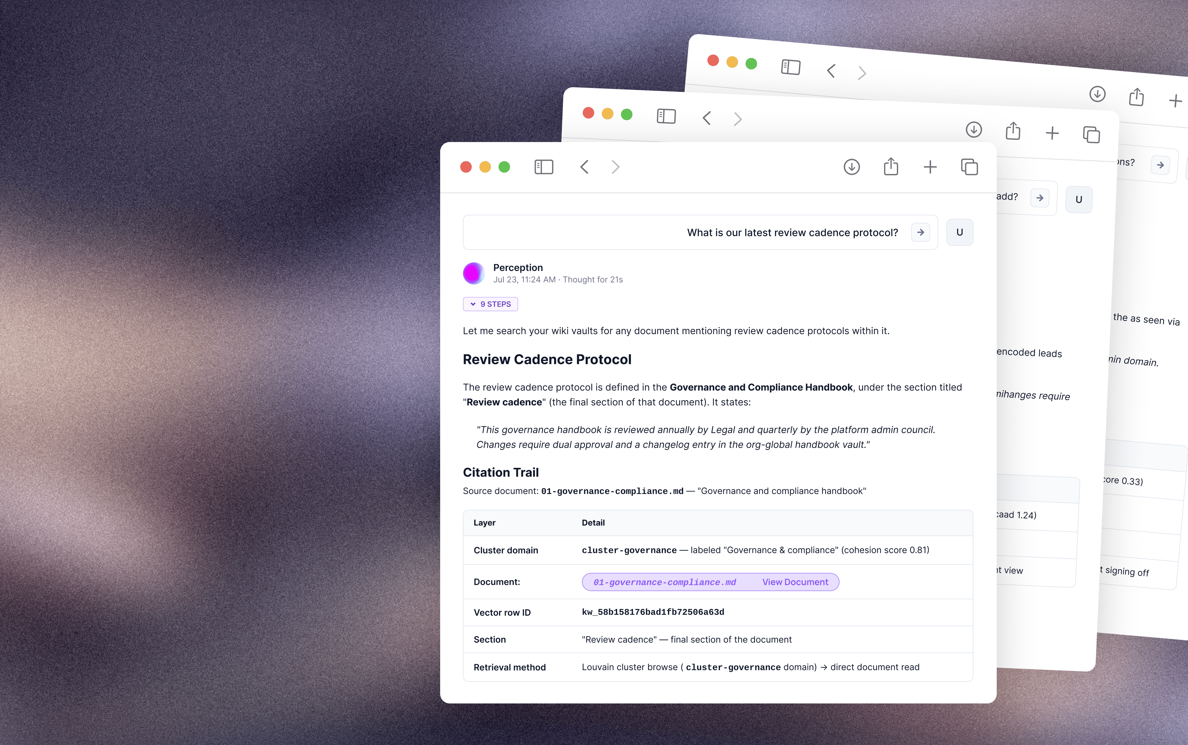 Perception answer with citation trail to wiki sources