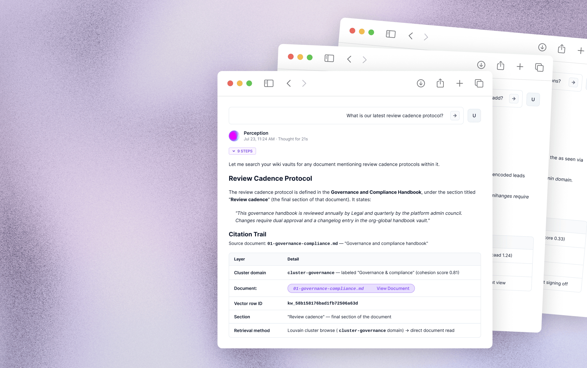 Perception answer with citation trail to wiki sources