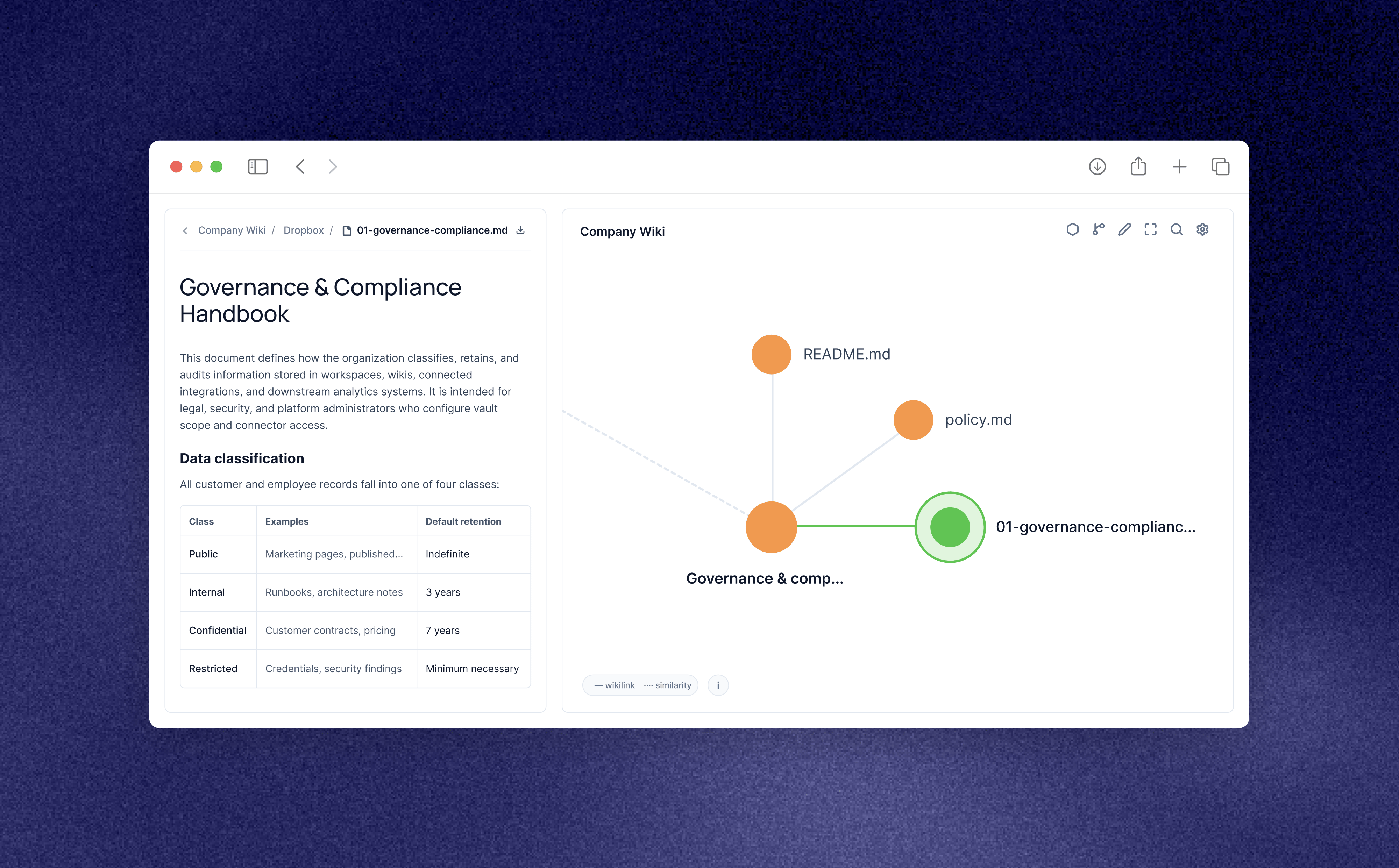 Company Wiki document view with connected vault graph