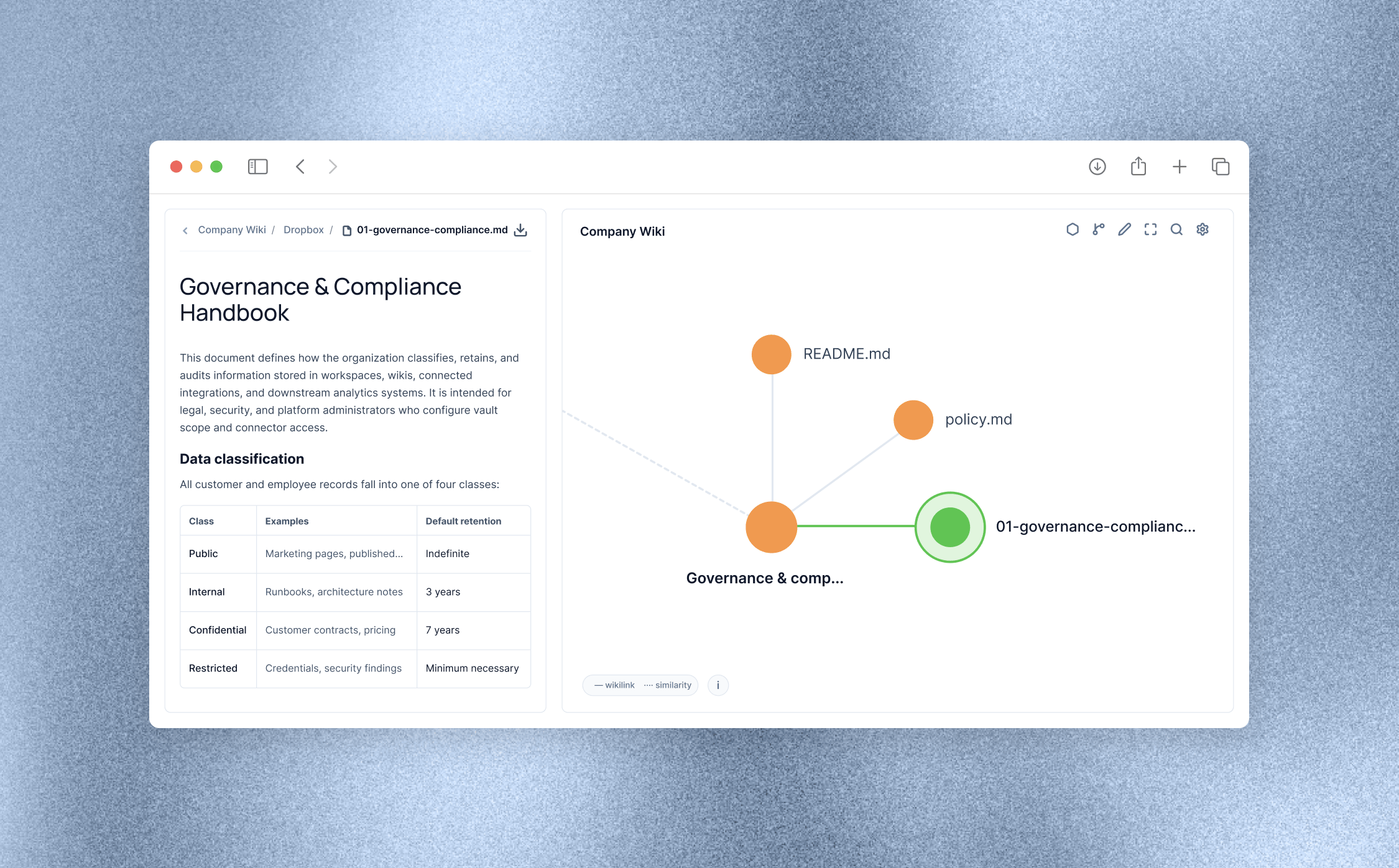 Company Wiki document view with connected vault graph