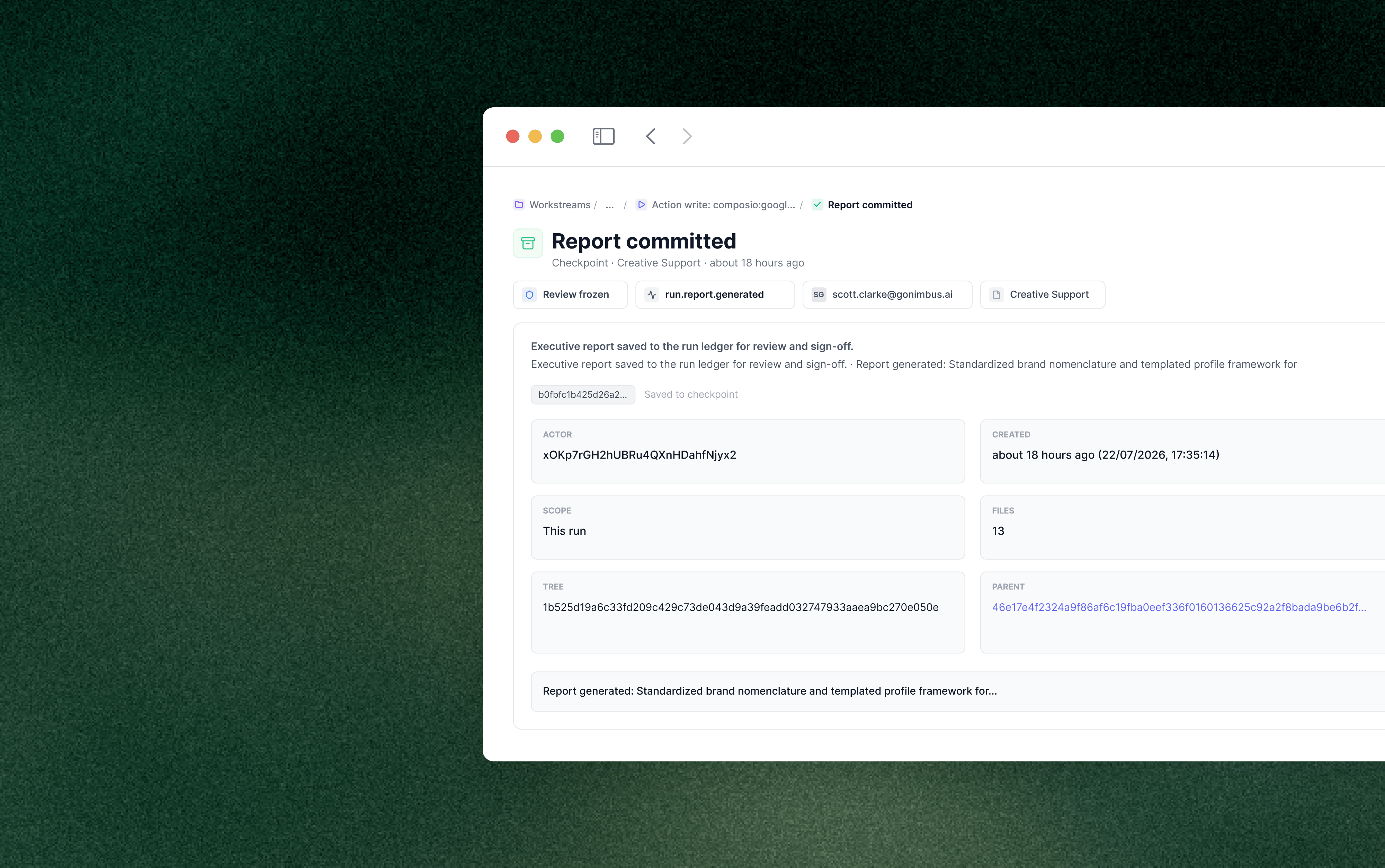 Workstream canvas with report committed checkpoint