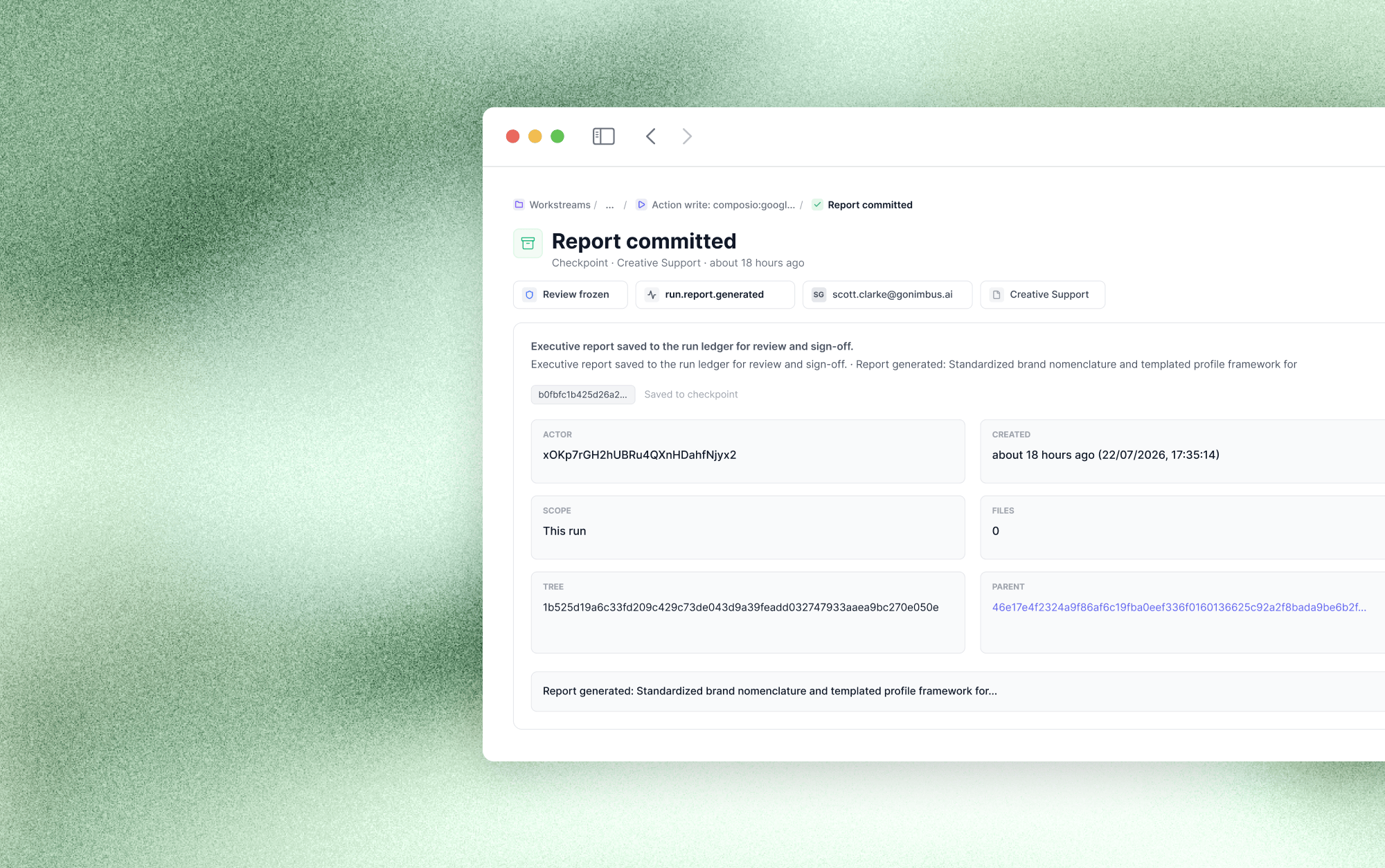 Workstream canvas with report committed checkpoint