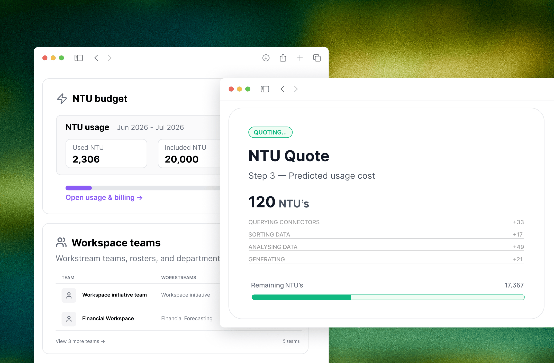 NTU quote breakdown and org-wide NTU budget usage