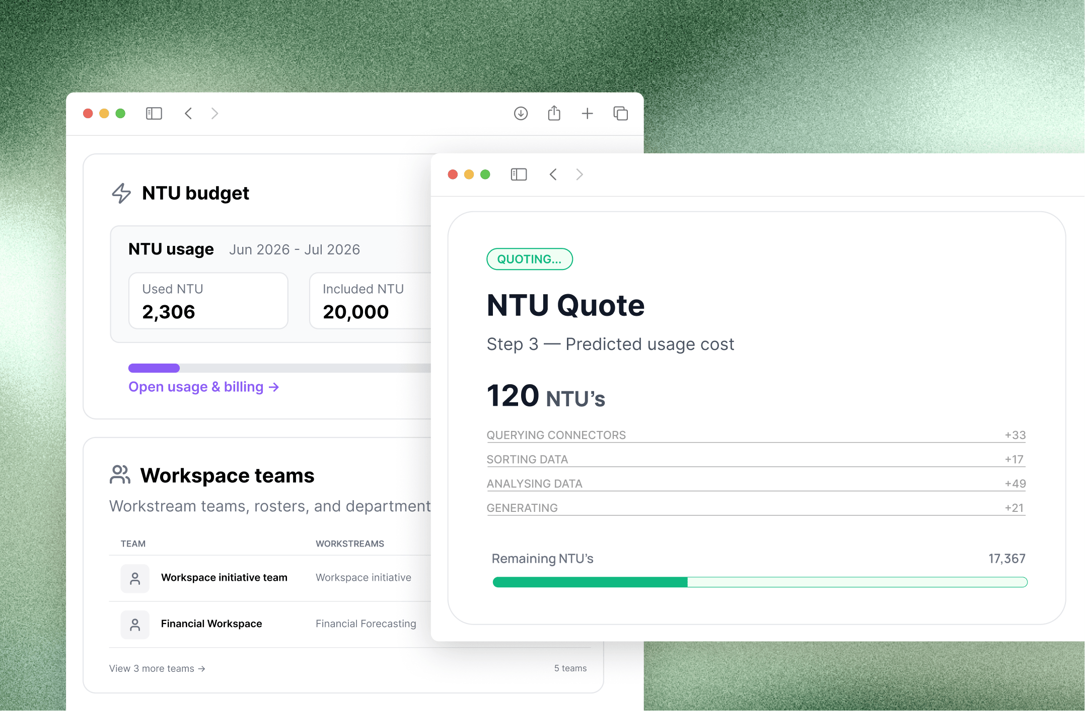 NTU quote breakdown and org-wide NTU budget usage